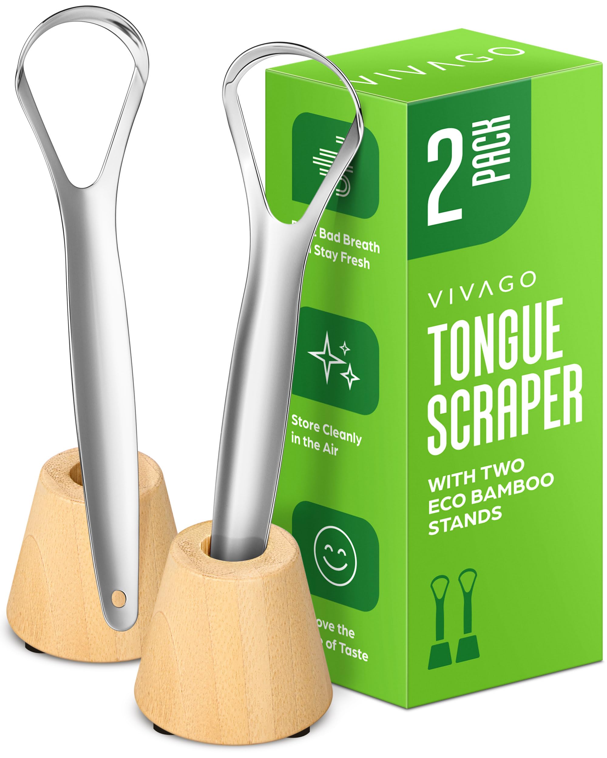 Gratte-langue VIVAGO en acier inox avec support bambou, ensemble pratique pour l'hygiène buccale.