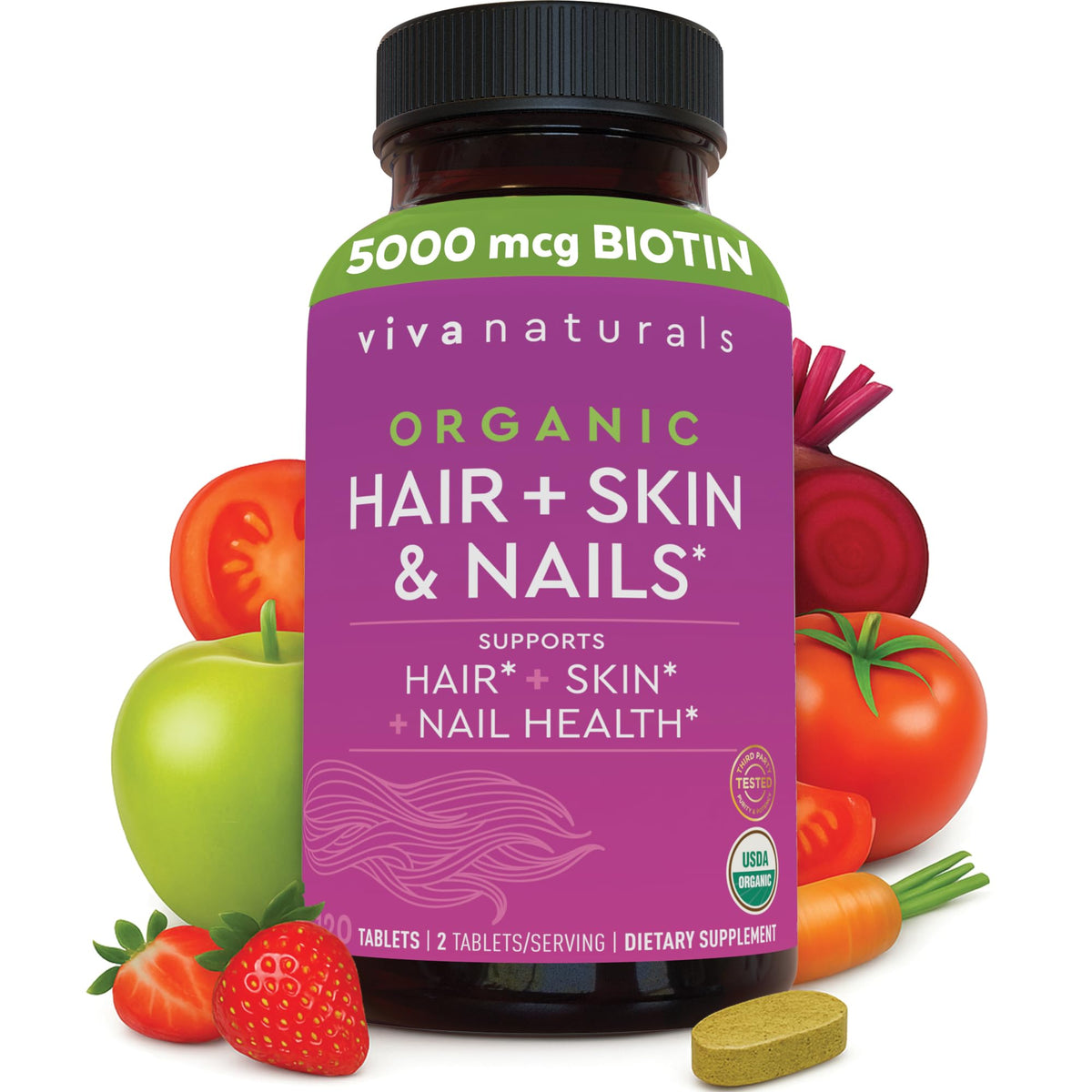Viva Naturals Biotine 5000 mcg – bouteille montrant l'emballage, peut soutenir cheveux et ongles.