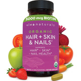 Viva Naturals Biotine 5000 mcg – bouteille montrant l'emballage, peut soutenir cheveux et ongles.