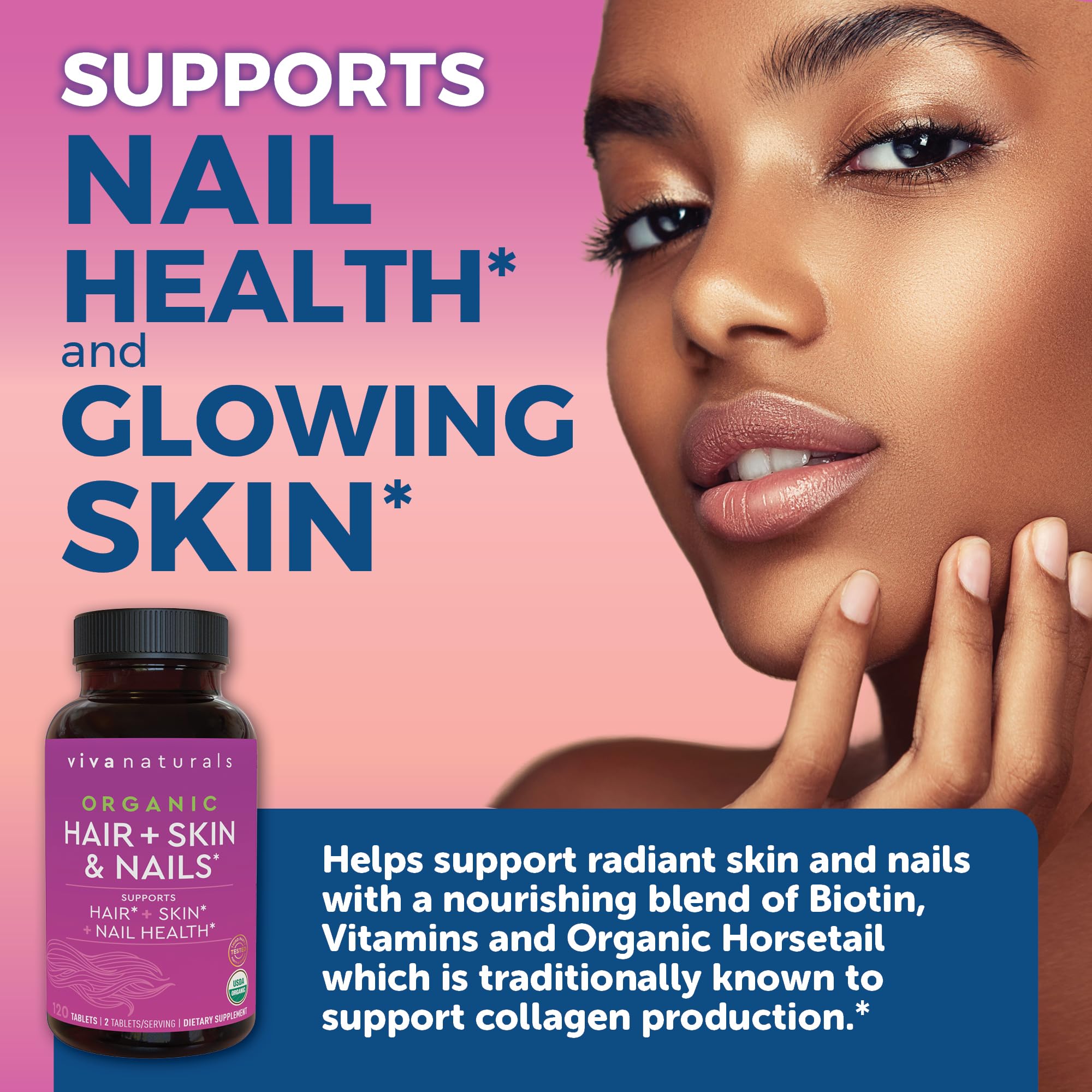 Viva Naturals Biotine 5000 mcg – prêle biologique visible dans le mélange végétal.