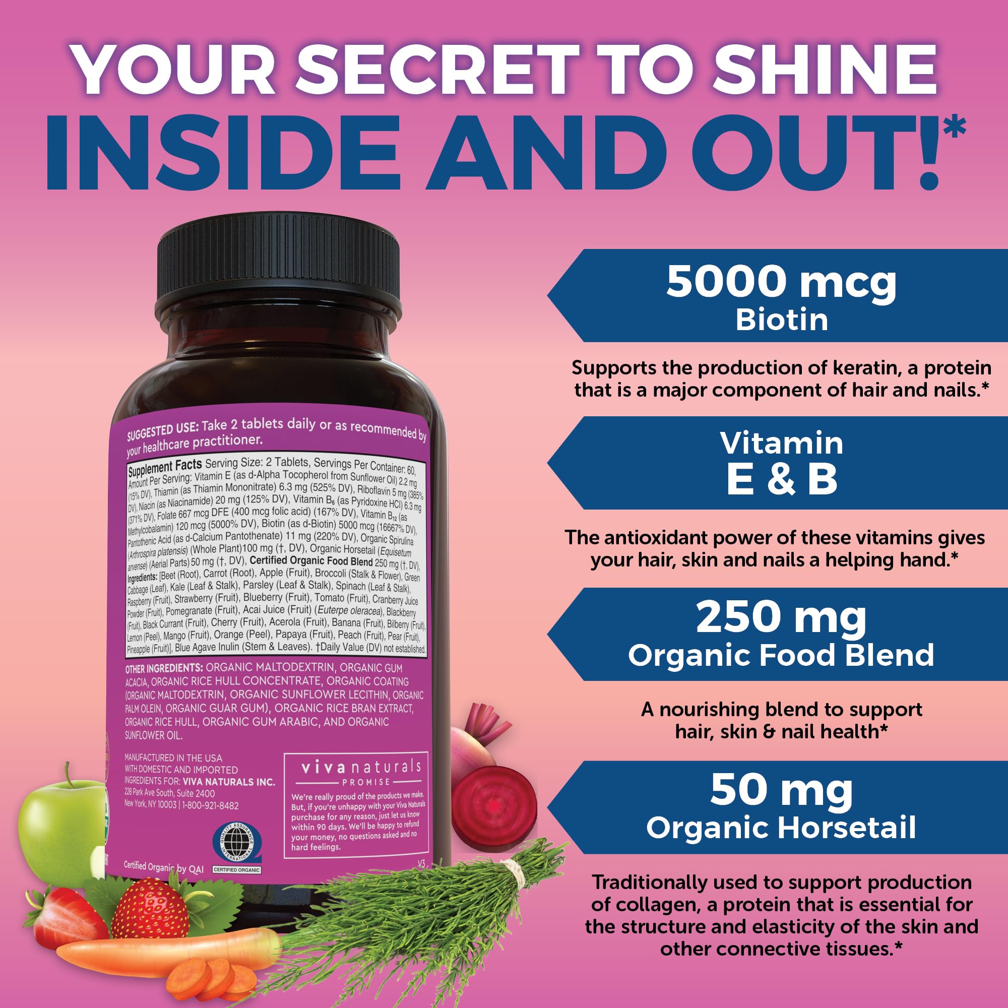Viva Naturals Biotine 5000 mcg – spiruline biologique présente dans la composition.