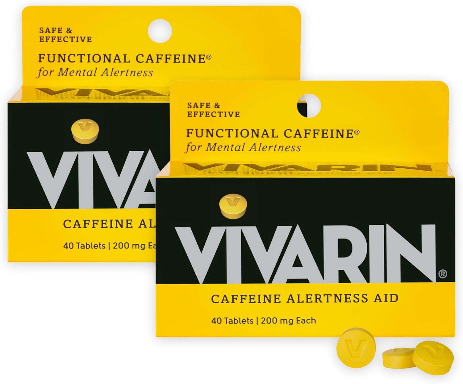 Vivarin bouteille et pilules caféine 200 mg pour énergie mentale