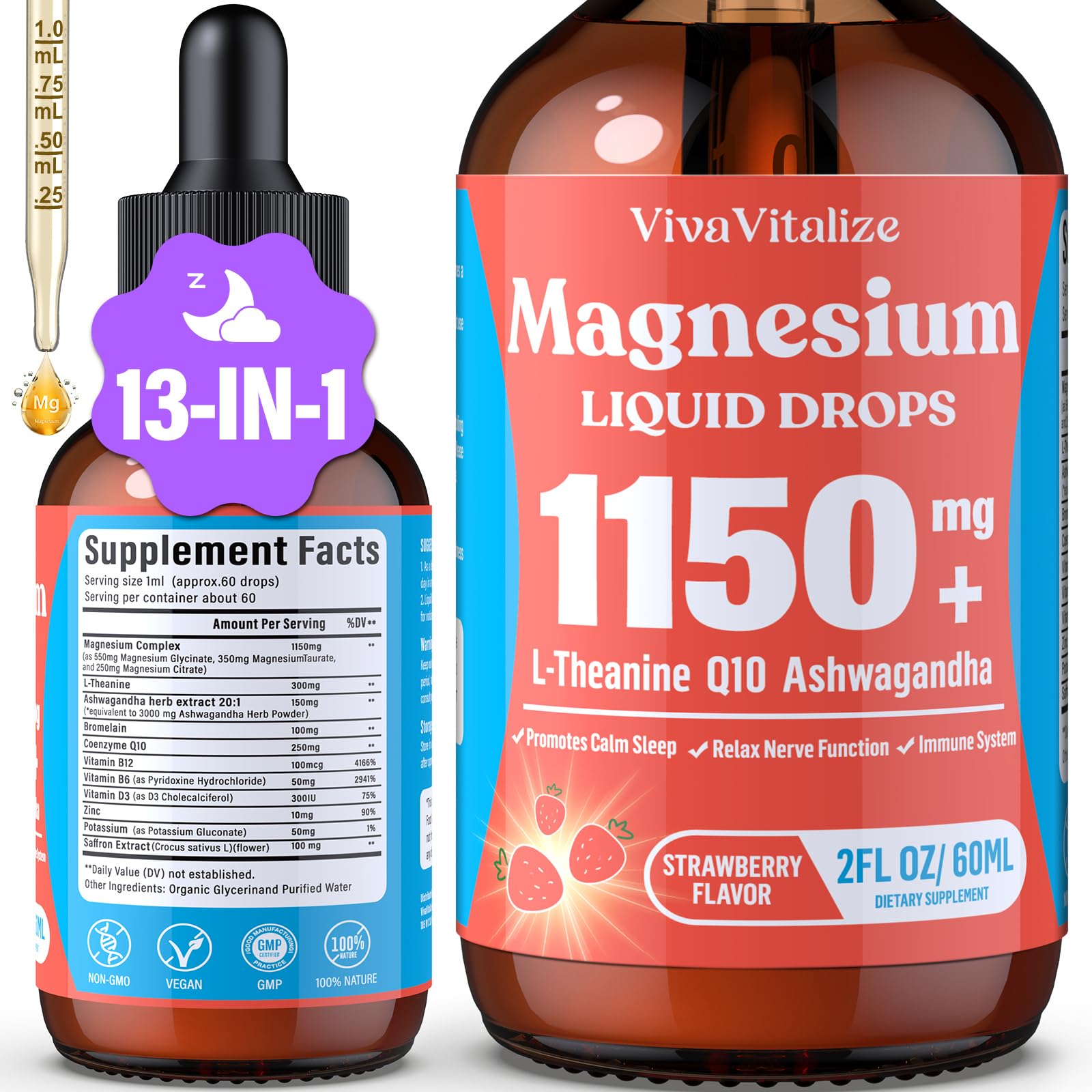 VivaVitalize glycinate magnésium liquide, flacon pratique facilitant l absorption et la détente.