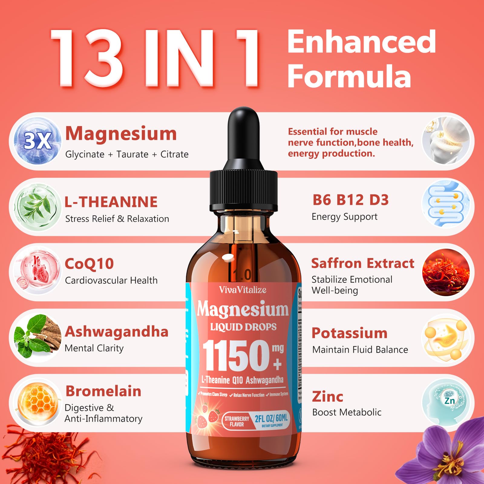 VivaVitalize magnésium taurate liquide, formulation douce pour le bien etre nerveux.