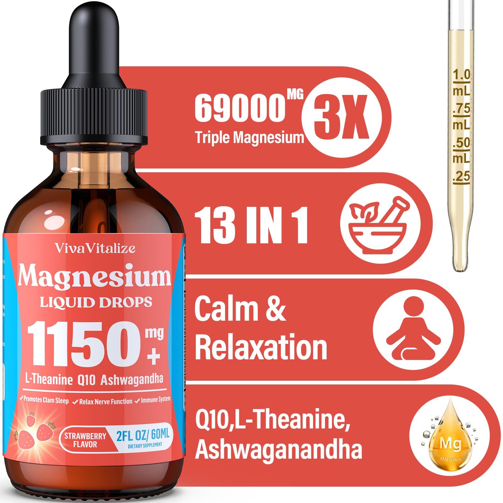 VivaVitalize gouttes triple magnesium, prise quotidienne pour relaxation musculaire.