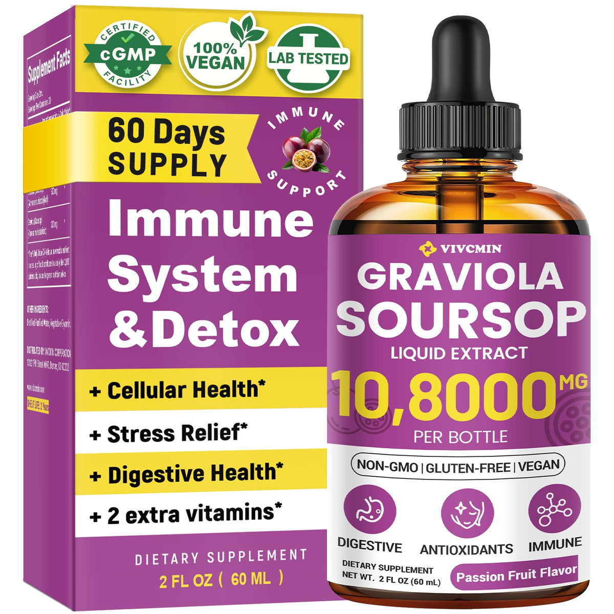 Bouteille vivcmin graviola-extrait, soutien immunitaire et vitalité.