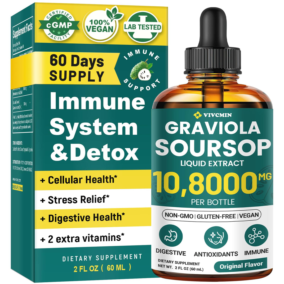 Vivcmin Graviola: extrait en bouteille pour vitalité et immunité naturelle.