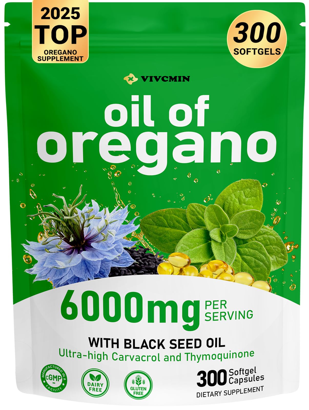 Vivcmin huile d origan en bouteille, support potentiel pour immunité et digestion