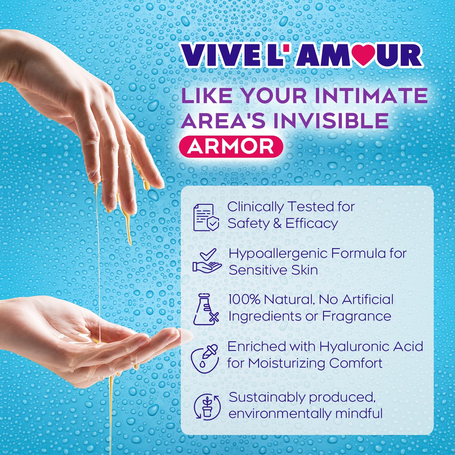 Vive L'Amour acide hyaluronique et vitamine E — ingrédients clés pour peau sensible.