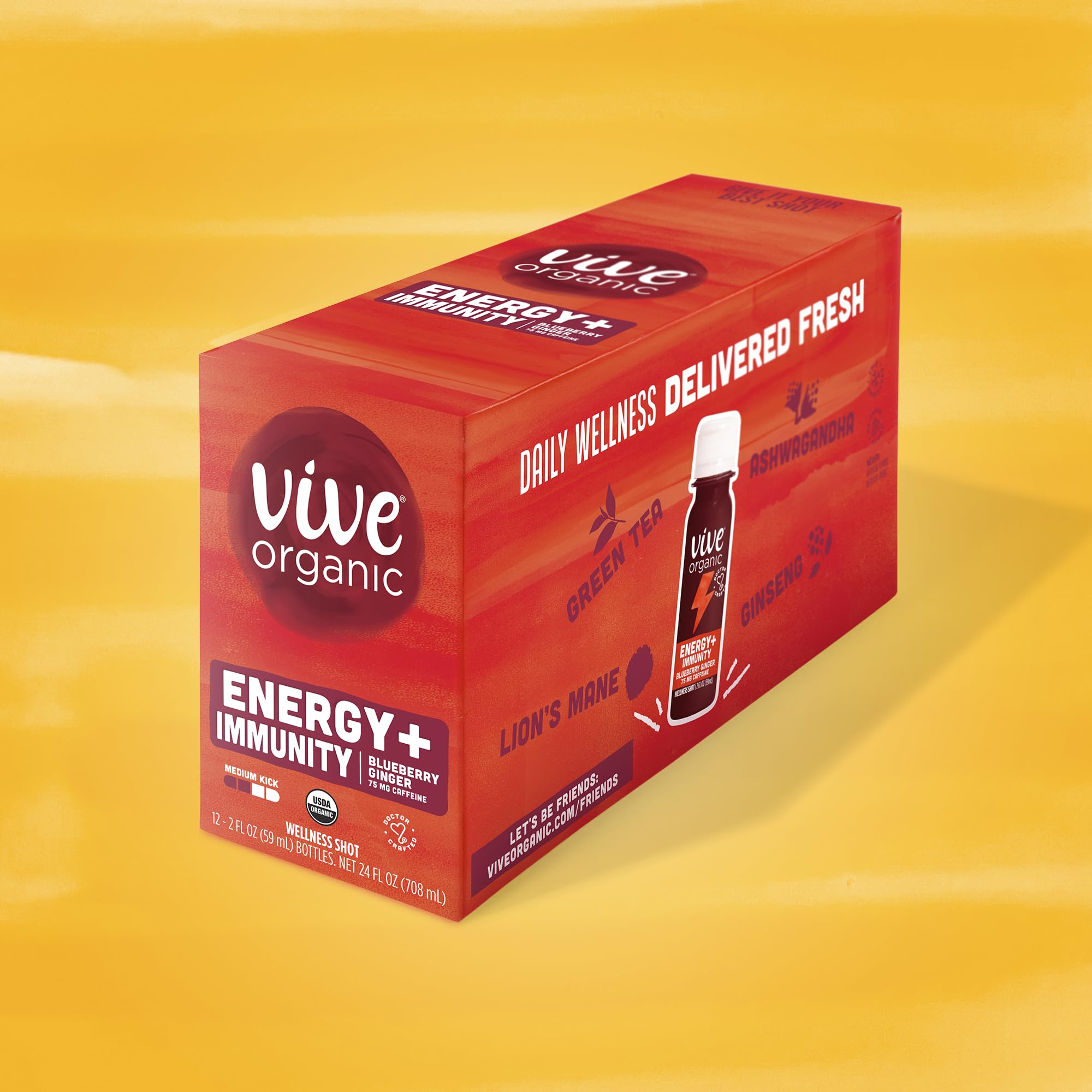 Étiquette bleu Vive Organic Energy Shot, emballage distinct et moderne.