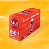 Étiquette bleu Vive Organic Energy Shot, emballage distinct et moderne.