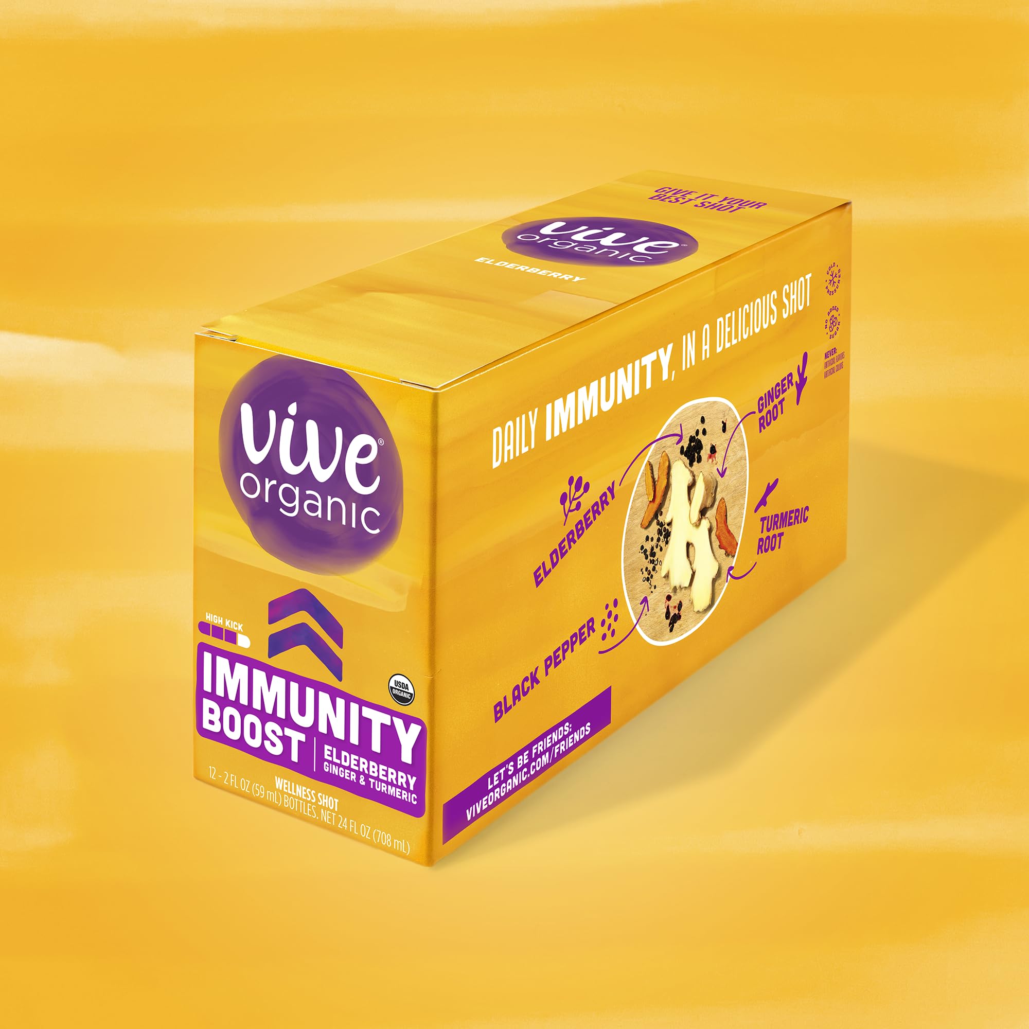 Vive Organic Shot Immunité: sans sucre ajouté, sans colorants ni artificiels.
