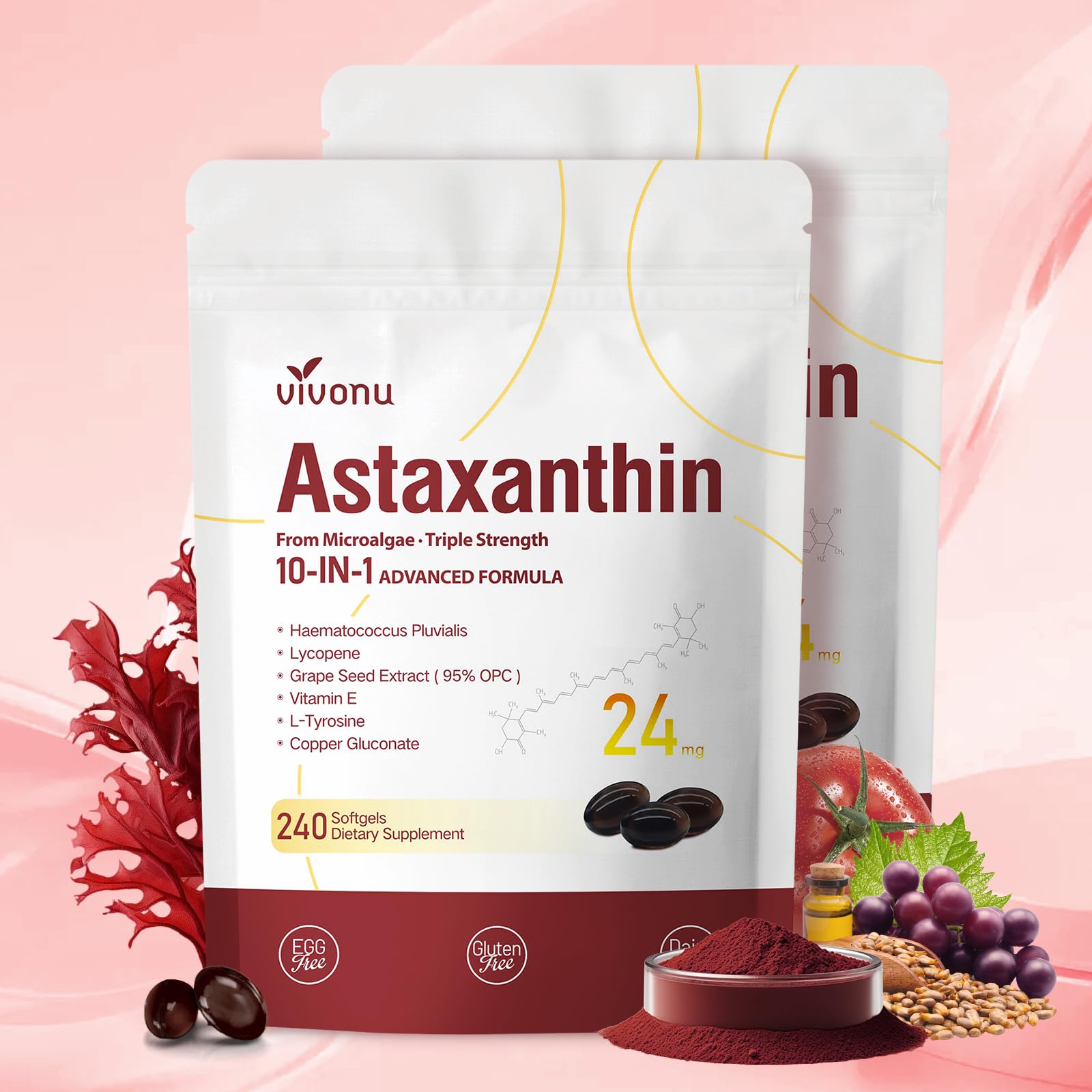 VivoNu Astaxanthine 24 mg, capsules pour les yeux et les articulations.