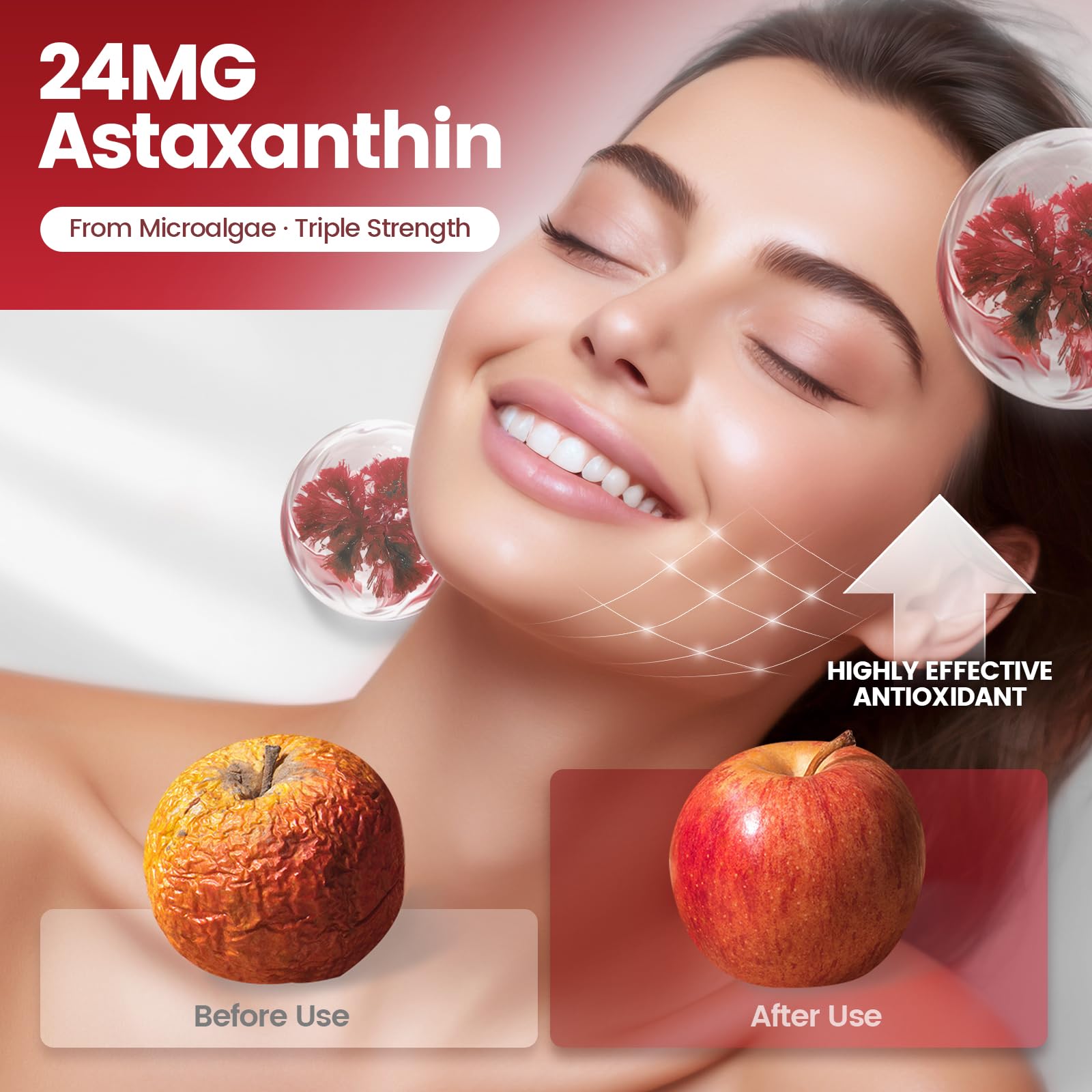 VivoNu Astaxanthine 24 mg, formulation 10-en-1 soutient l'élasticité cutanée.