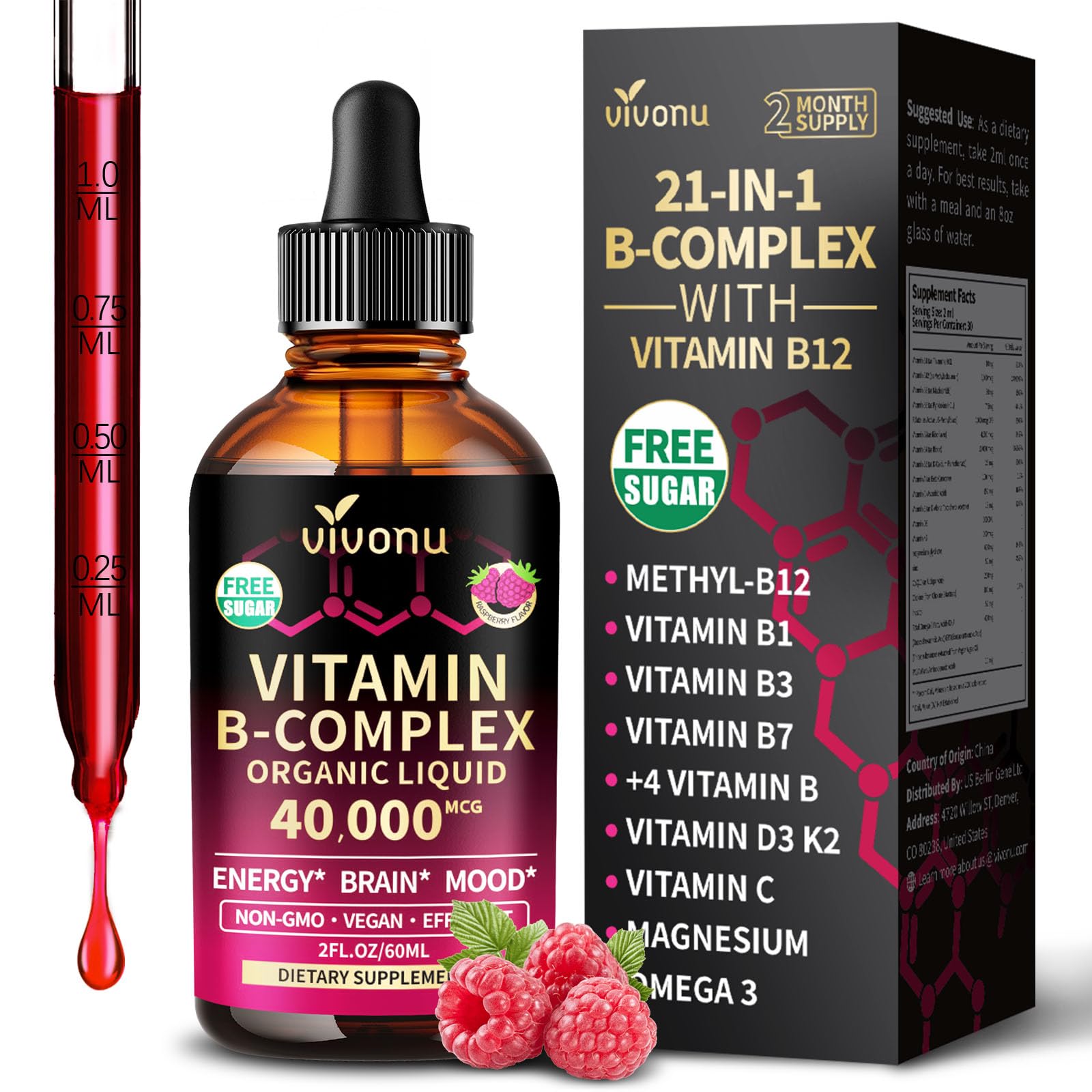 VivoNu B Complex flacon framboise, goût naturel et format pratique.