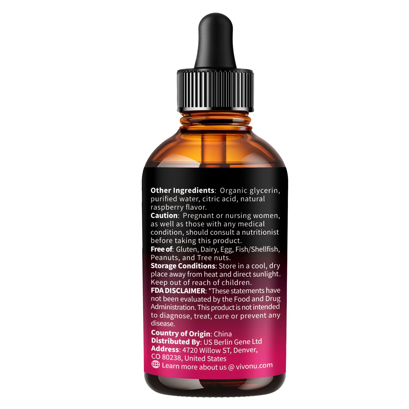 Goutte framboise aromatisée VivoNu B Complex, goût agréable.