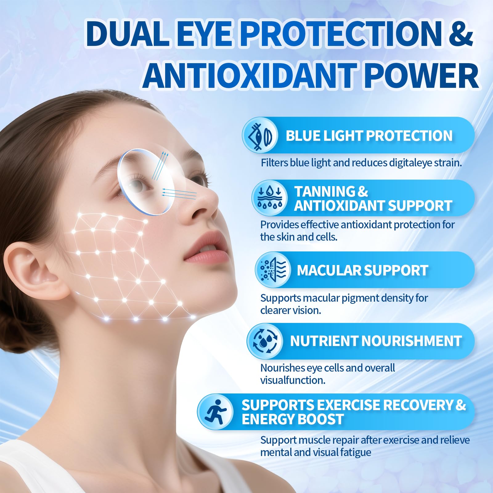 Bouteille VivoNu gélules affichant astaxanthine pour protection antioxydante et confort oculaire.