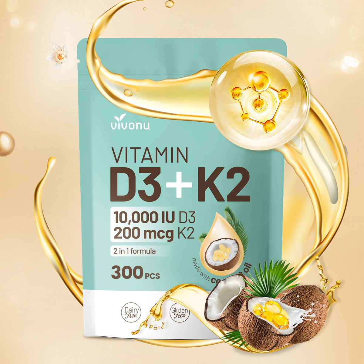 Bouteille VivoNu D3K2, gélules faciles à avaler.