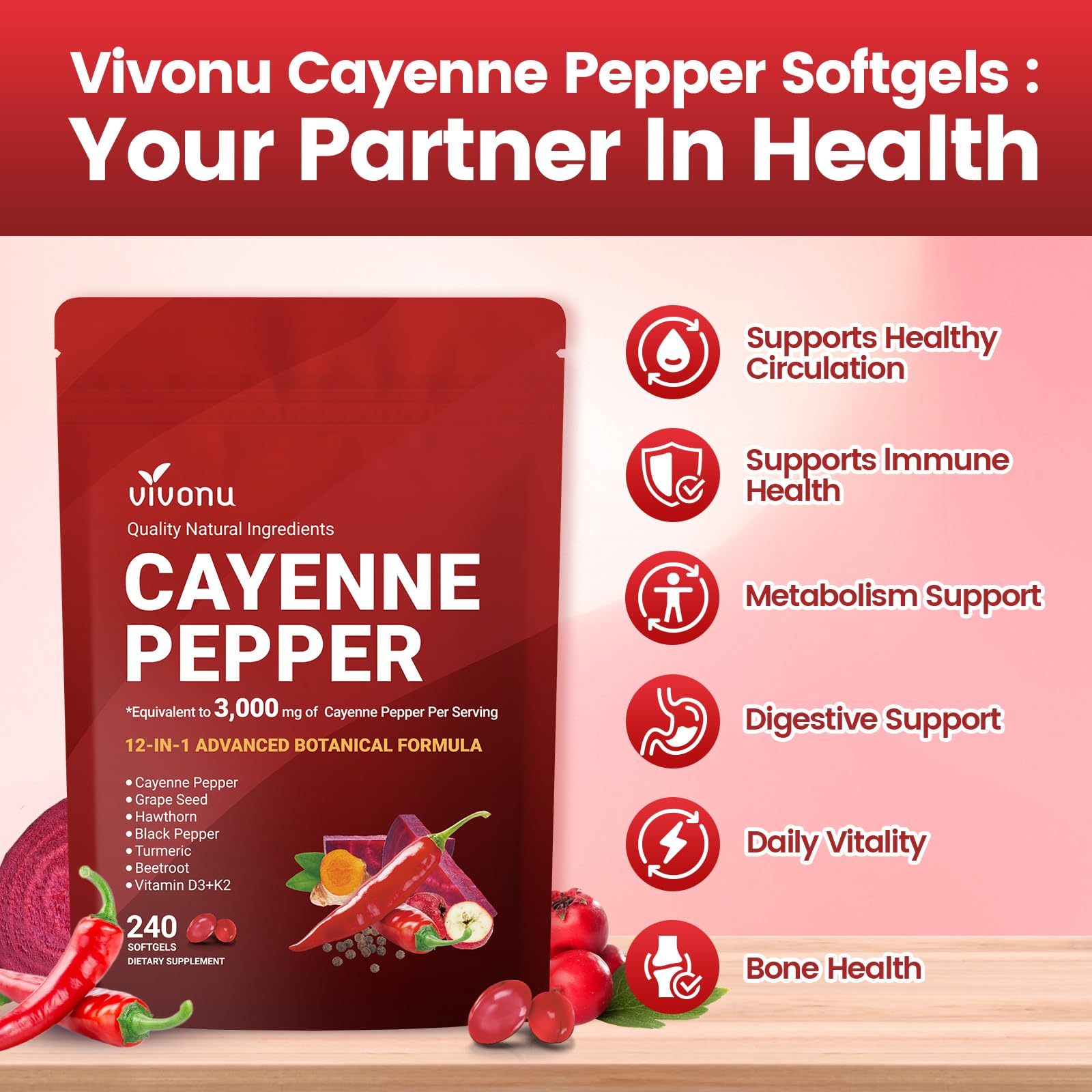 VivoNu Cayenne Softgels – capsules végétariennes faciles à intégrer