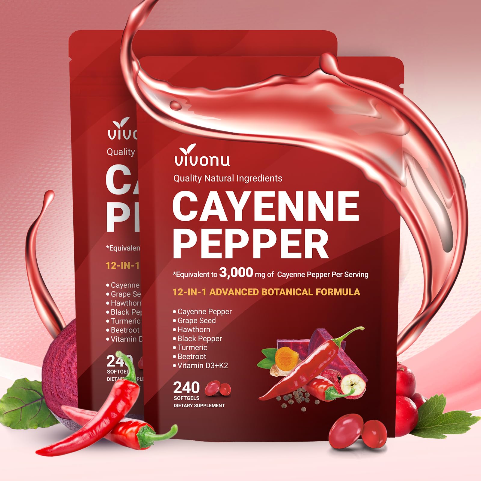 VivoNu Cayenne Softgels – emballage élégant et pratique pour routine quotidienne