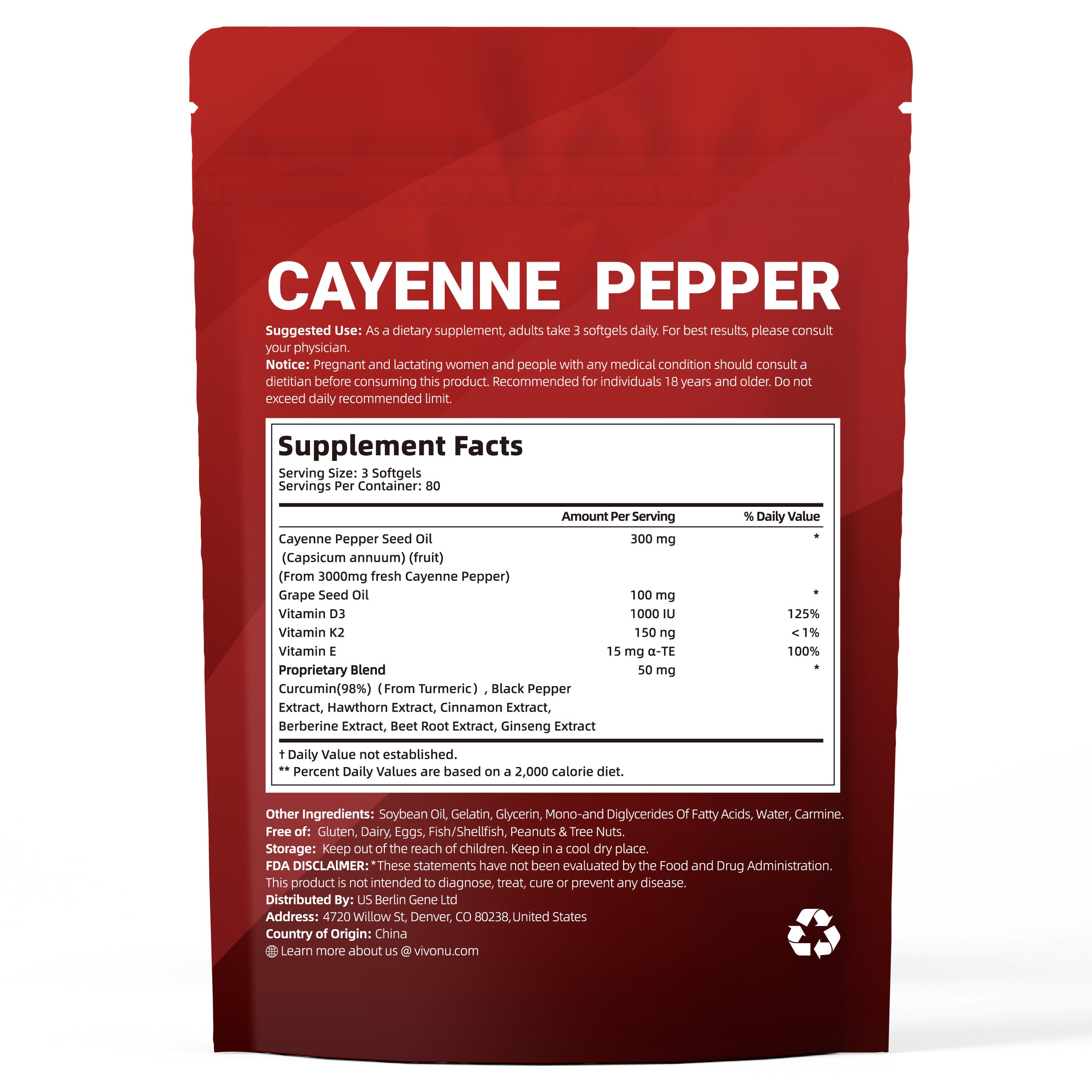 VivoNu Cayenne Softgels – conditions de stockage et étiquette visibles