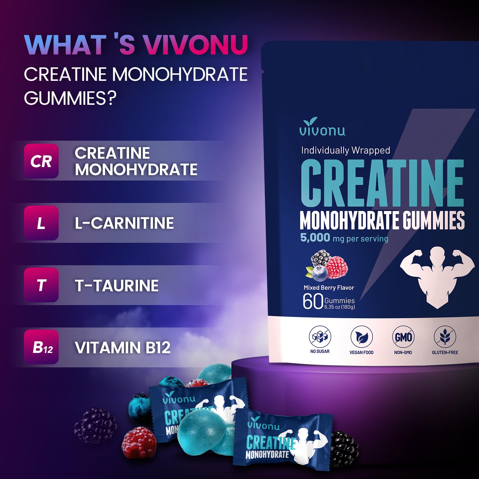 Gomme VivoNu Créatine, 5000 mg par portion, dosage clair.