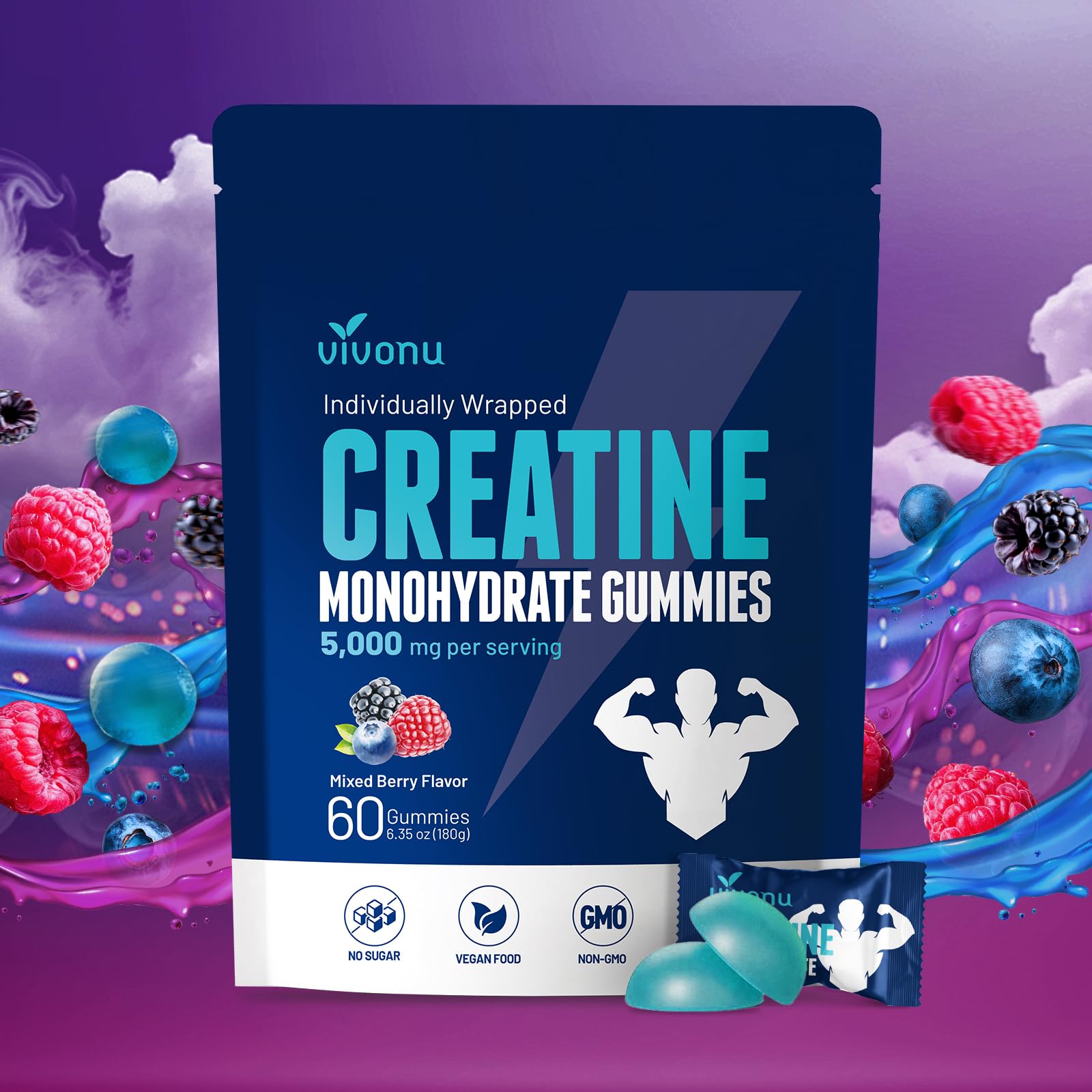 Gomme VivoNu Créatine – emballage refermable pratique pour mobilité sportive.