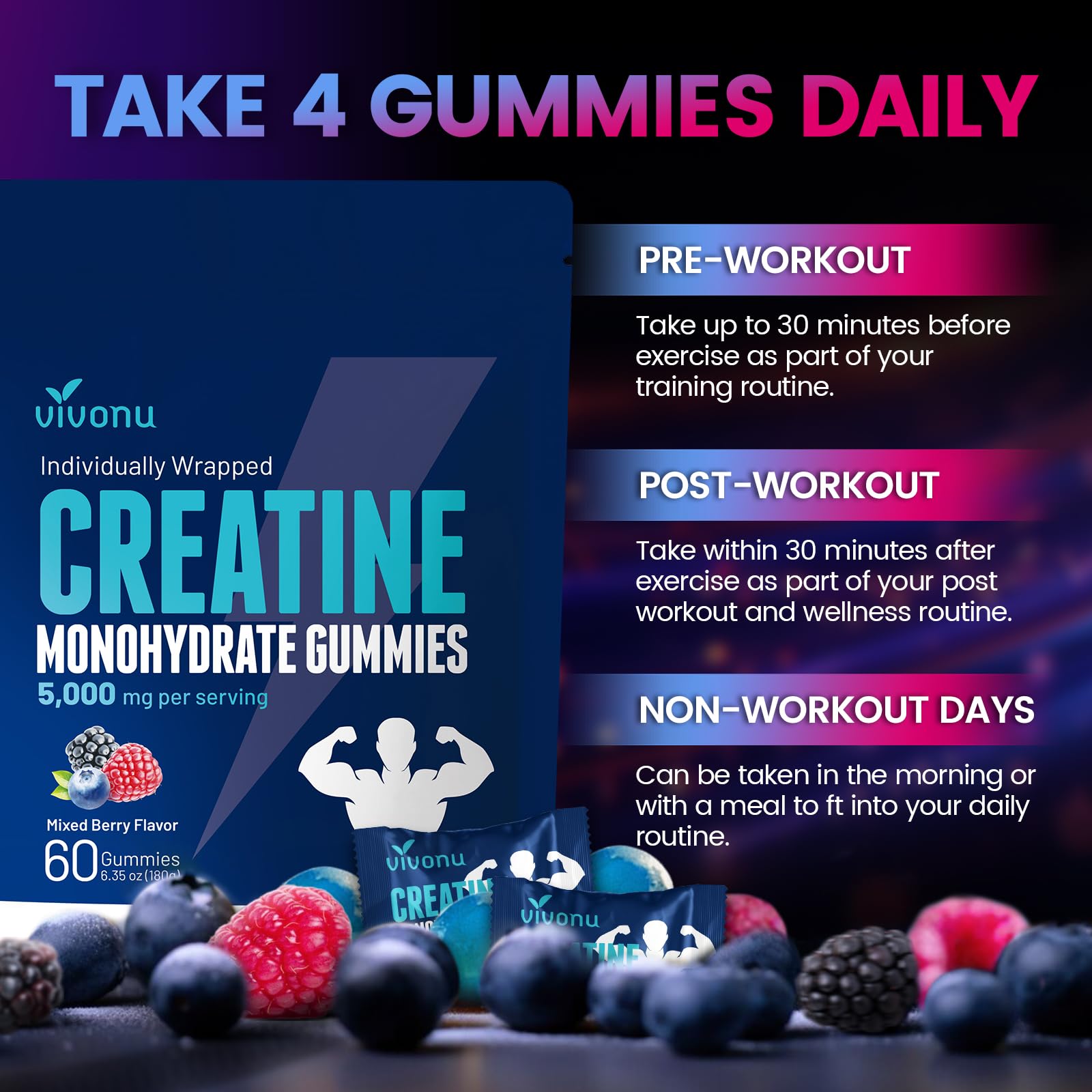Gomme VivoNu Créatine usage quotidien, pratique et discret.