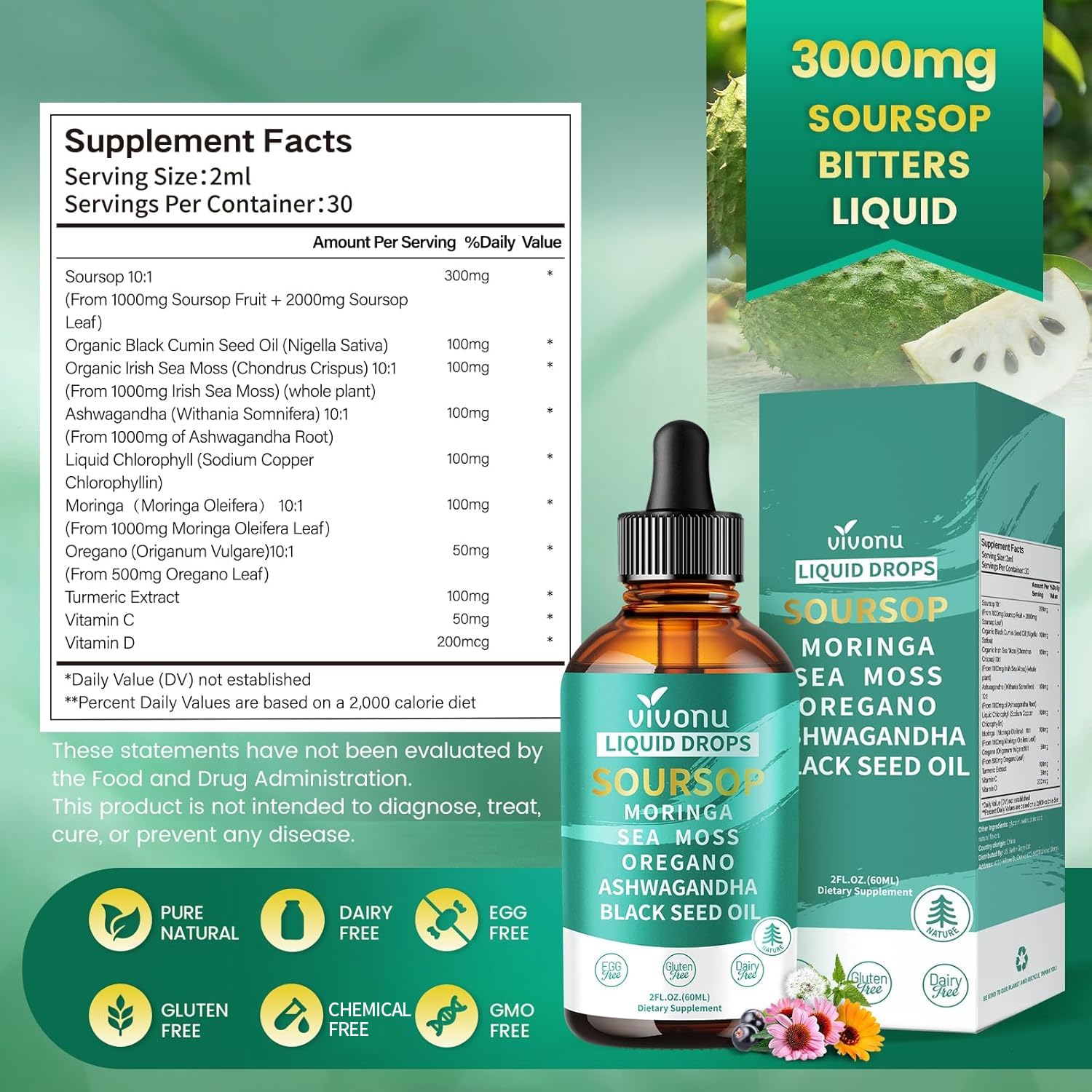 Étiquette VivoNu Soursop Bitters: ingrédients et bénéfices.