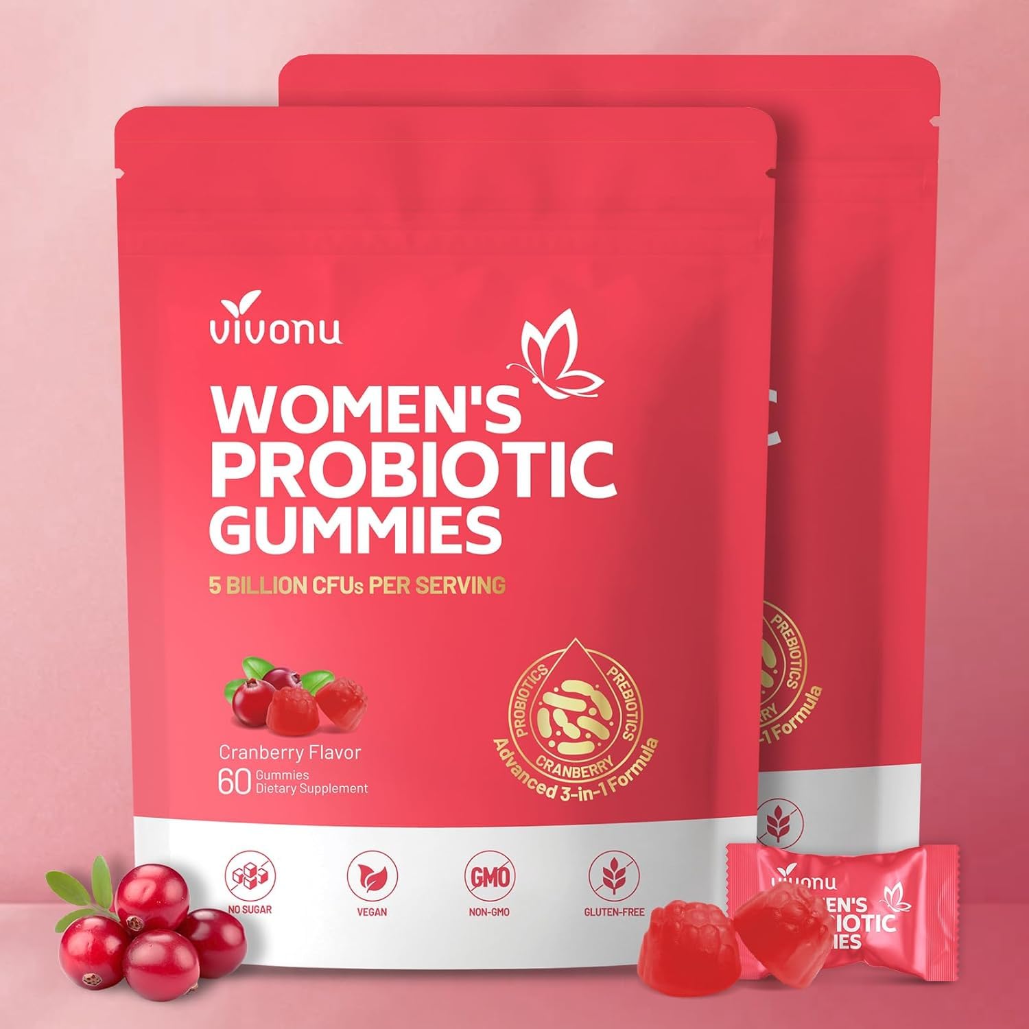 VivoNu Probiotiques pour Femmes, bouteille, soutien digestif et équilibre intime.