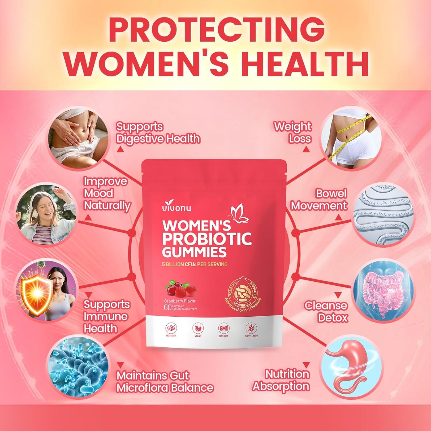 VivoNu Probiotiques pour Femmes, sachet, gommes pratiques pour l'immunité.