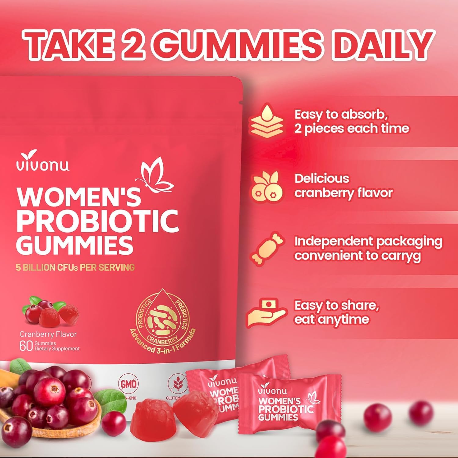 VivoNu Probiotiques pour Femmes, gommes avec vitamine C pour le soutien immunitaire.