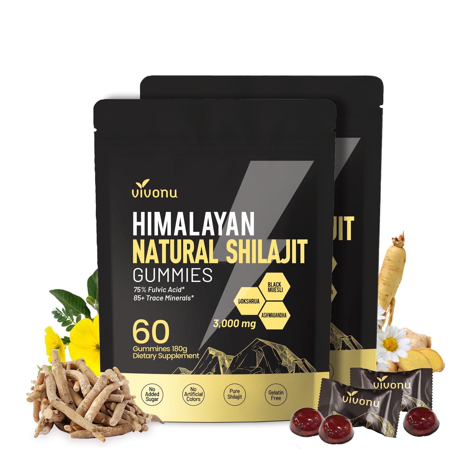 Gommes Shilajit VivoNu avec Ashwagandha, énergie naturelle.