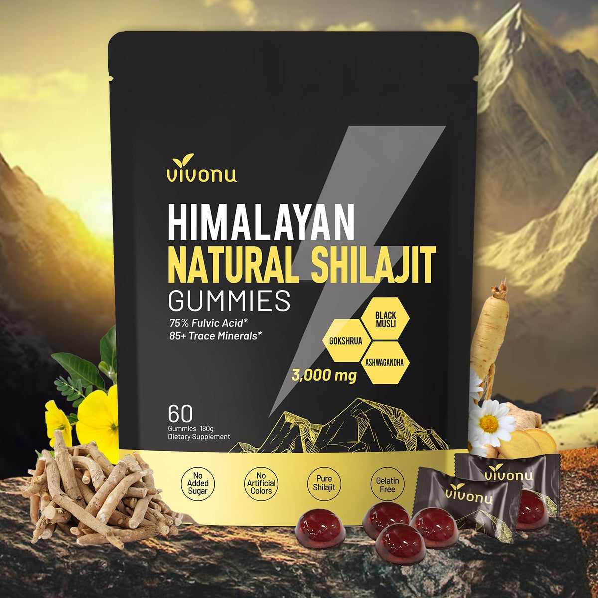Gommes VivoNu Shilajit en bouteille, pratique à emporter, énergie potentielle au quotidien.
