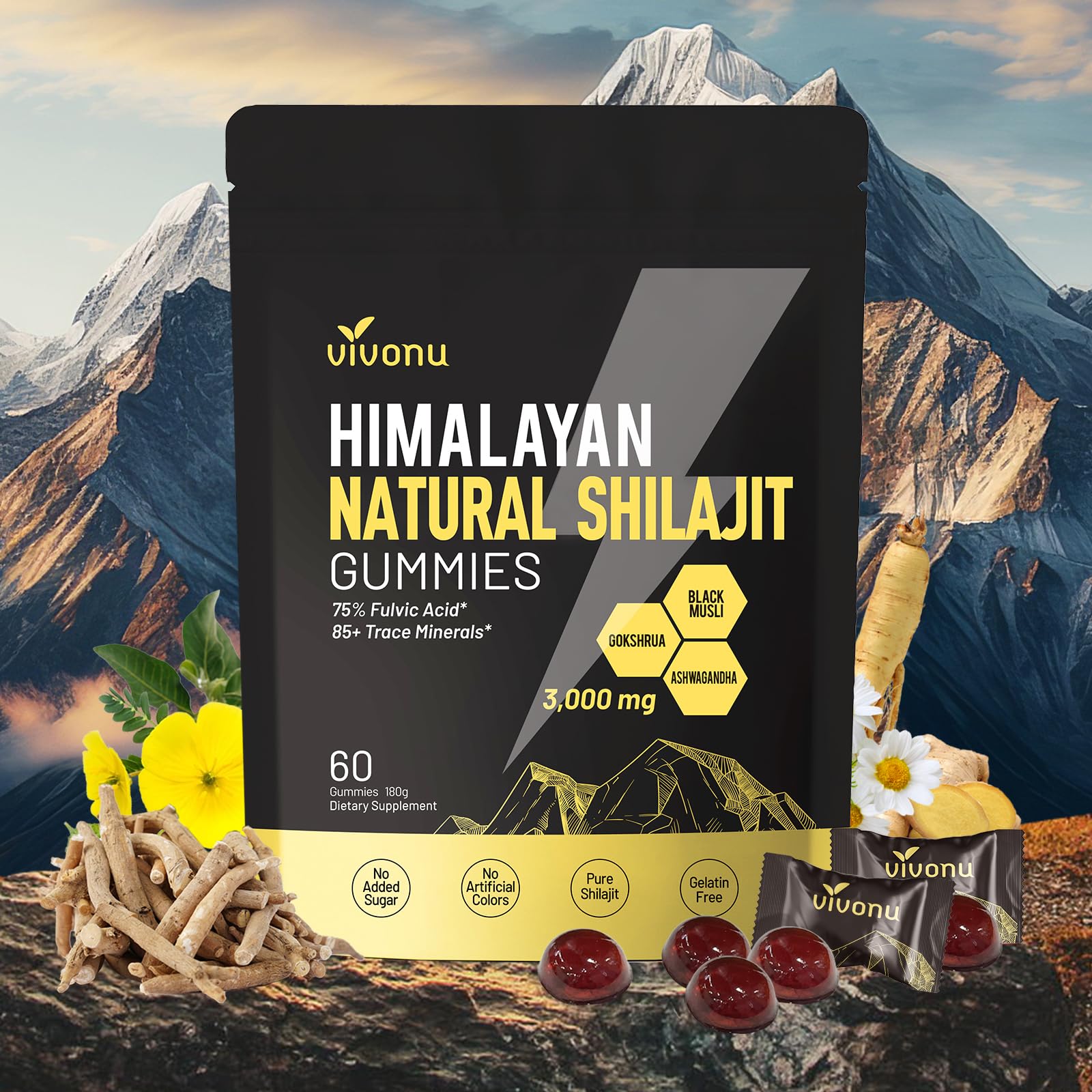 Gommes Shilajit VivoNu, focus Himalaya, énergie potentielle pour la journée.