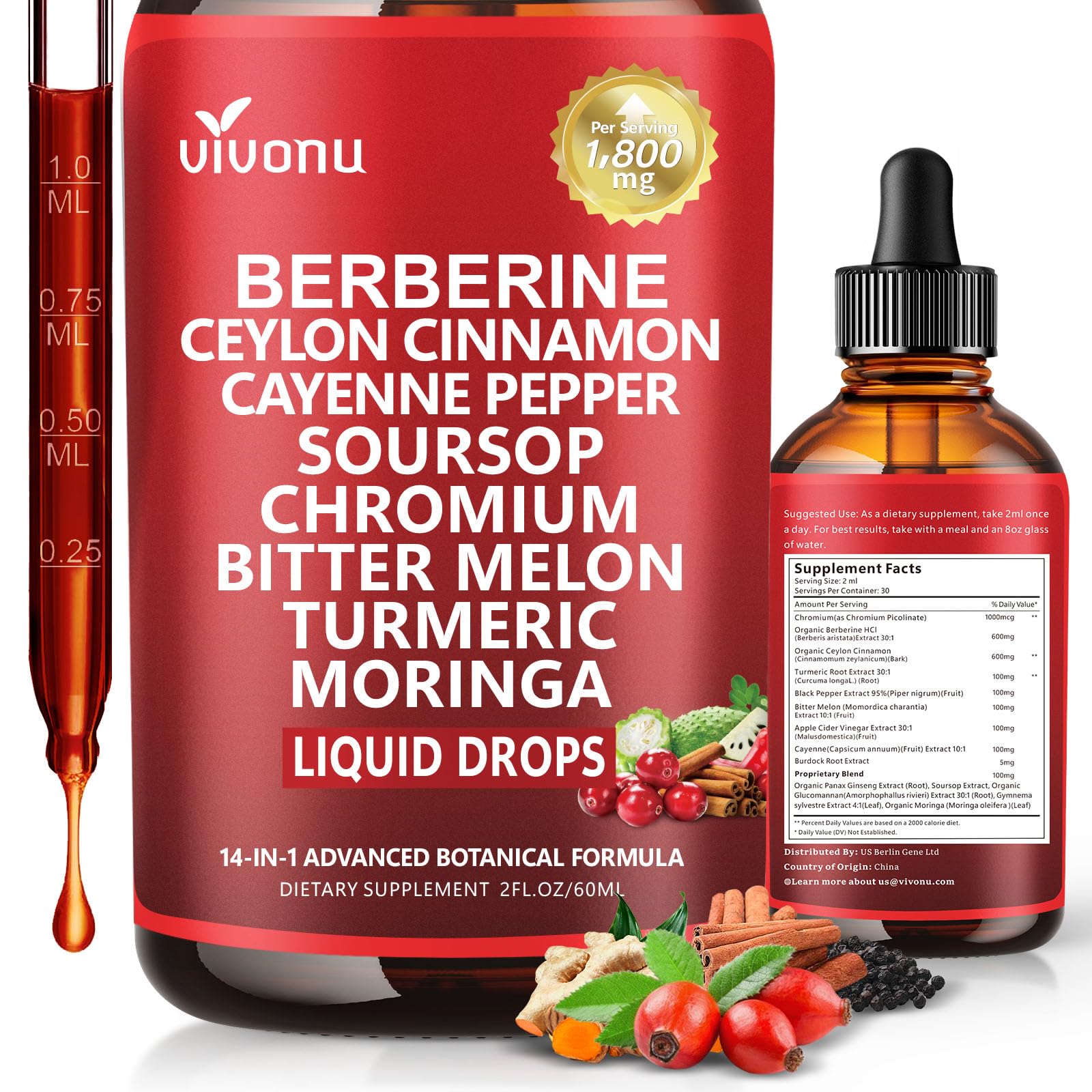 VivoNu gouttes liposomales Berberine et Cannelle Ceylan, absorption améliorée.