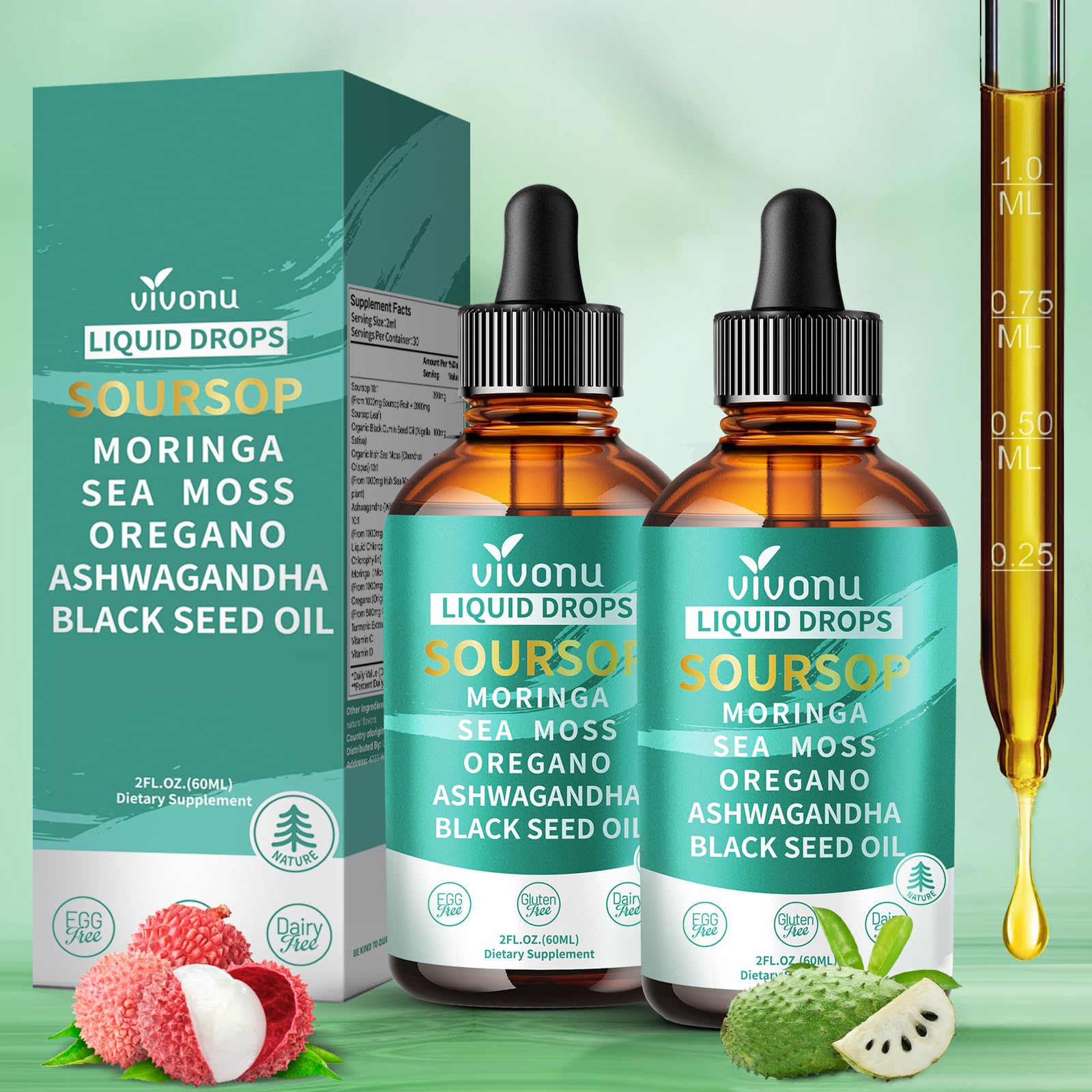 VivoNu gouttes Bitters Soursop en duo, pratique pour la routine quotidienne.