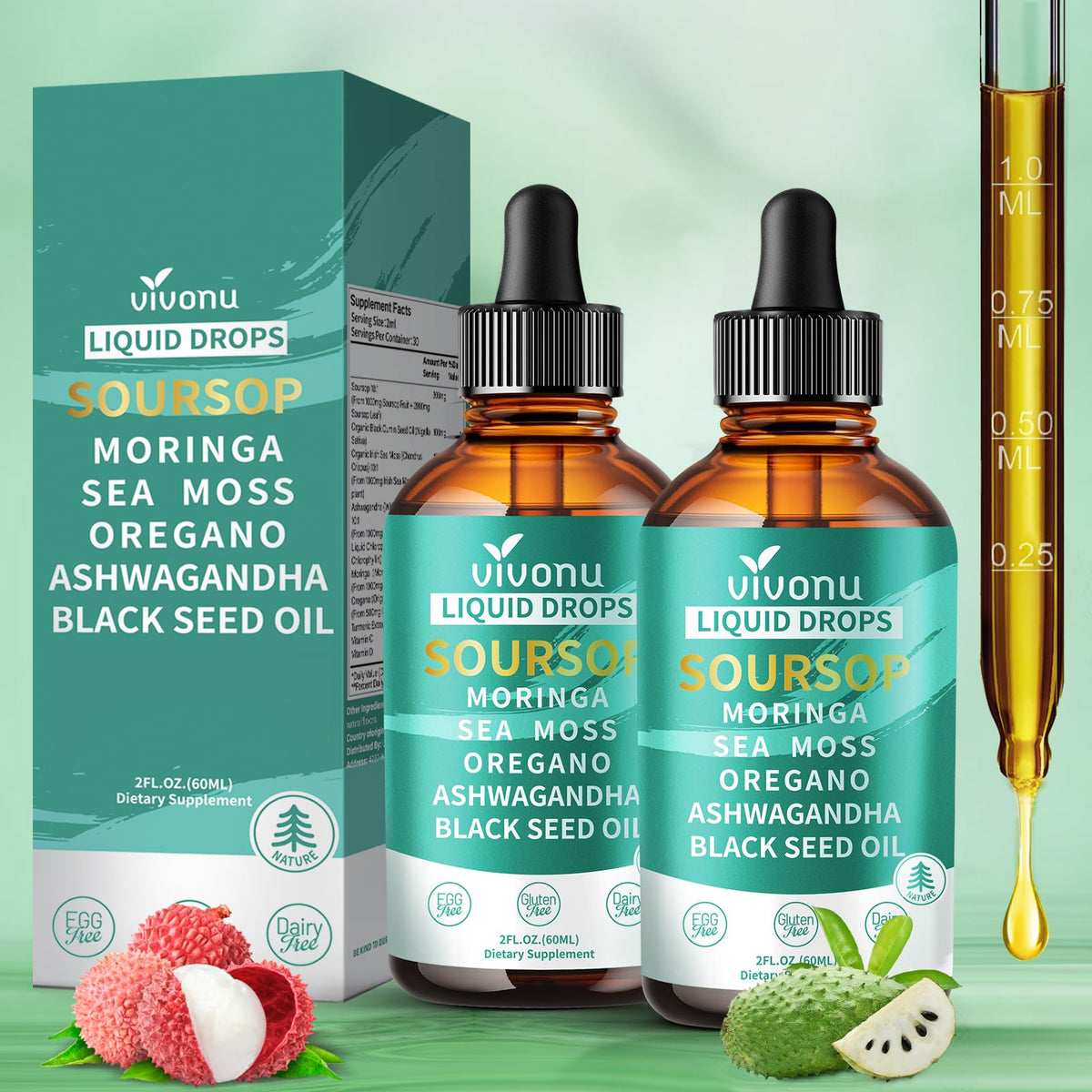 VivoNu gouttes Bitters Soursop en duo, pratique pour la routine quotidienne.