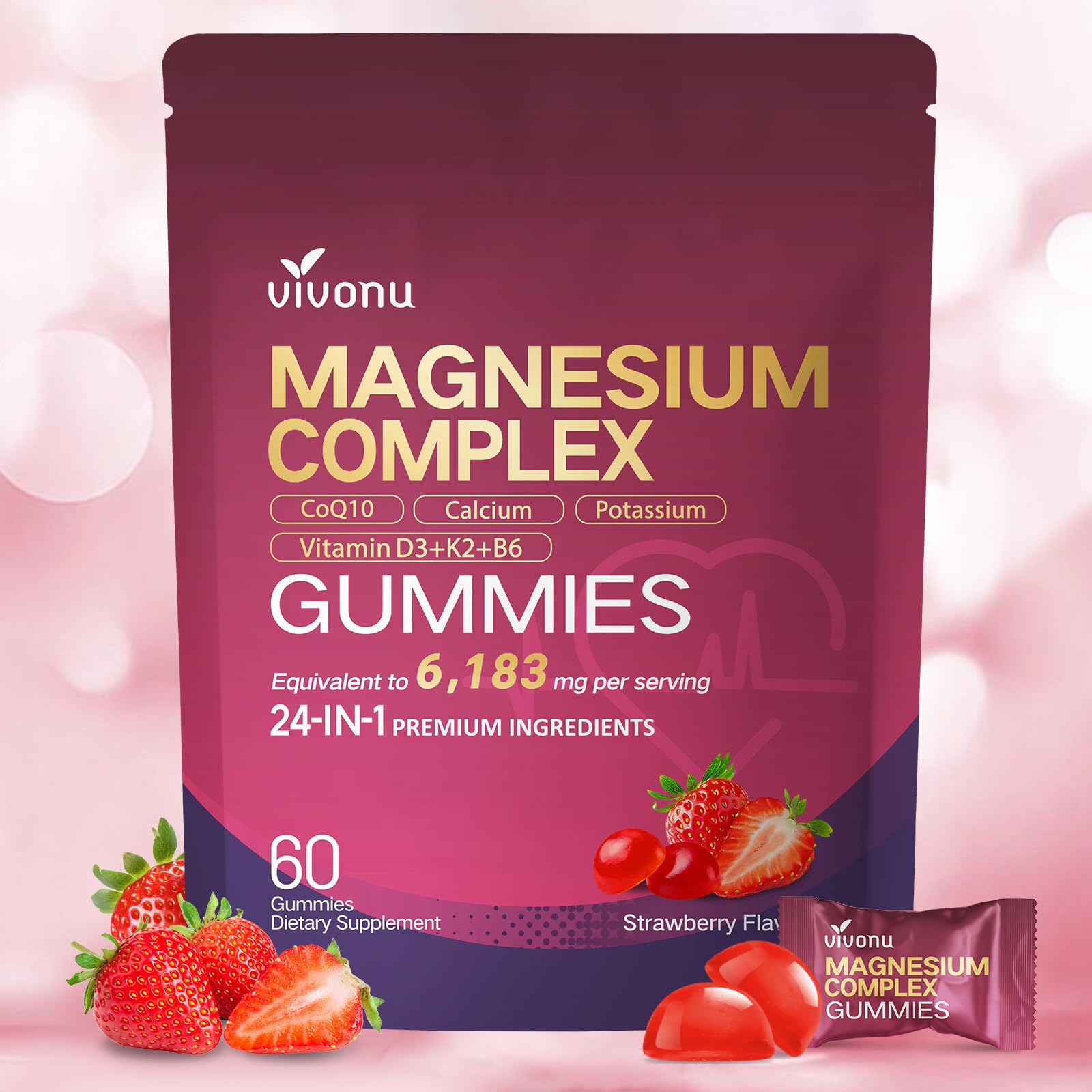 Gomme VivoNu Magnésium 24-in-1 dans la bouteille, pratique pour la routine.