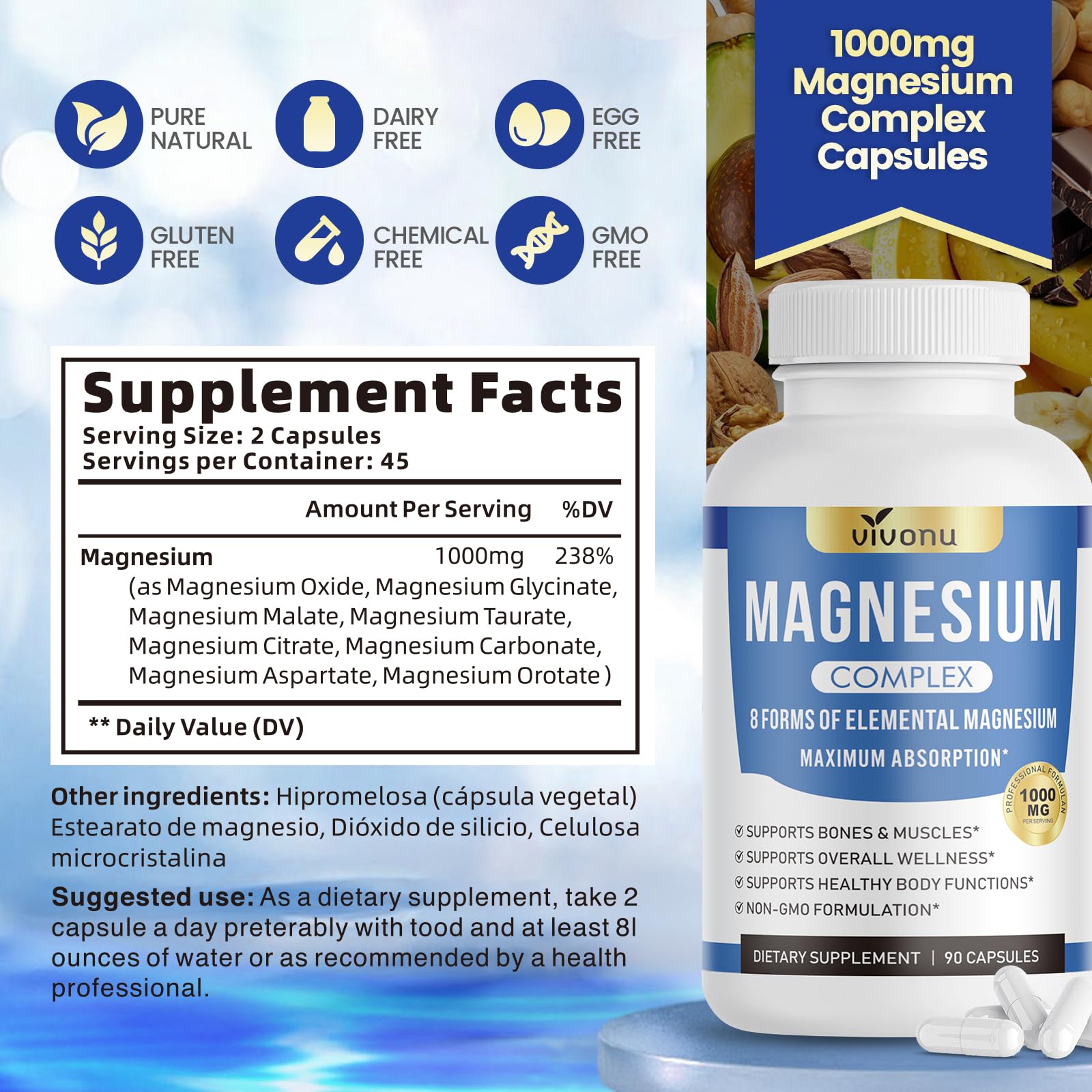 VivoNu Magnésium 1000mg – absorption et biodisponibilité améliorées.