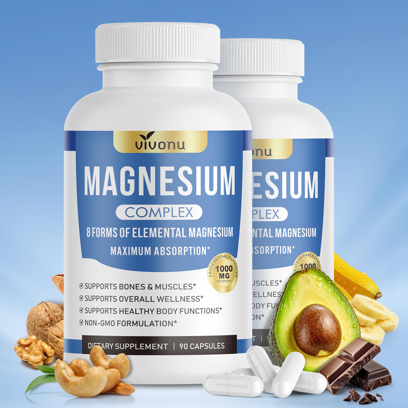 VivoNu Magnésium 1000mg – bouteille et gélules – soutien potentiel pour énergie.