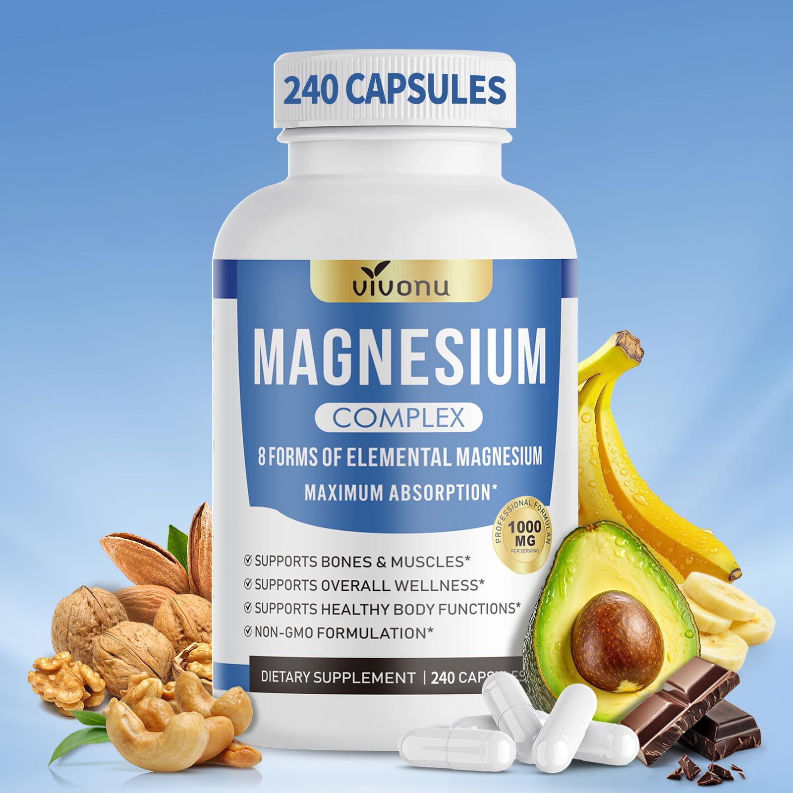 VivoNu Magnésium Complex – bouteille montrant les gélules, soutien potentiel à l'énergie.