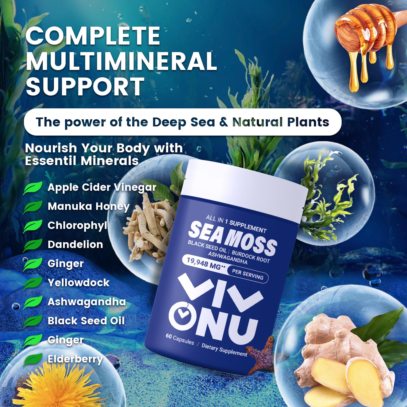 Mélange VivoNu miel Manuka en capsules pour énergie naturelle.