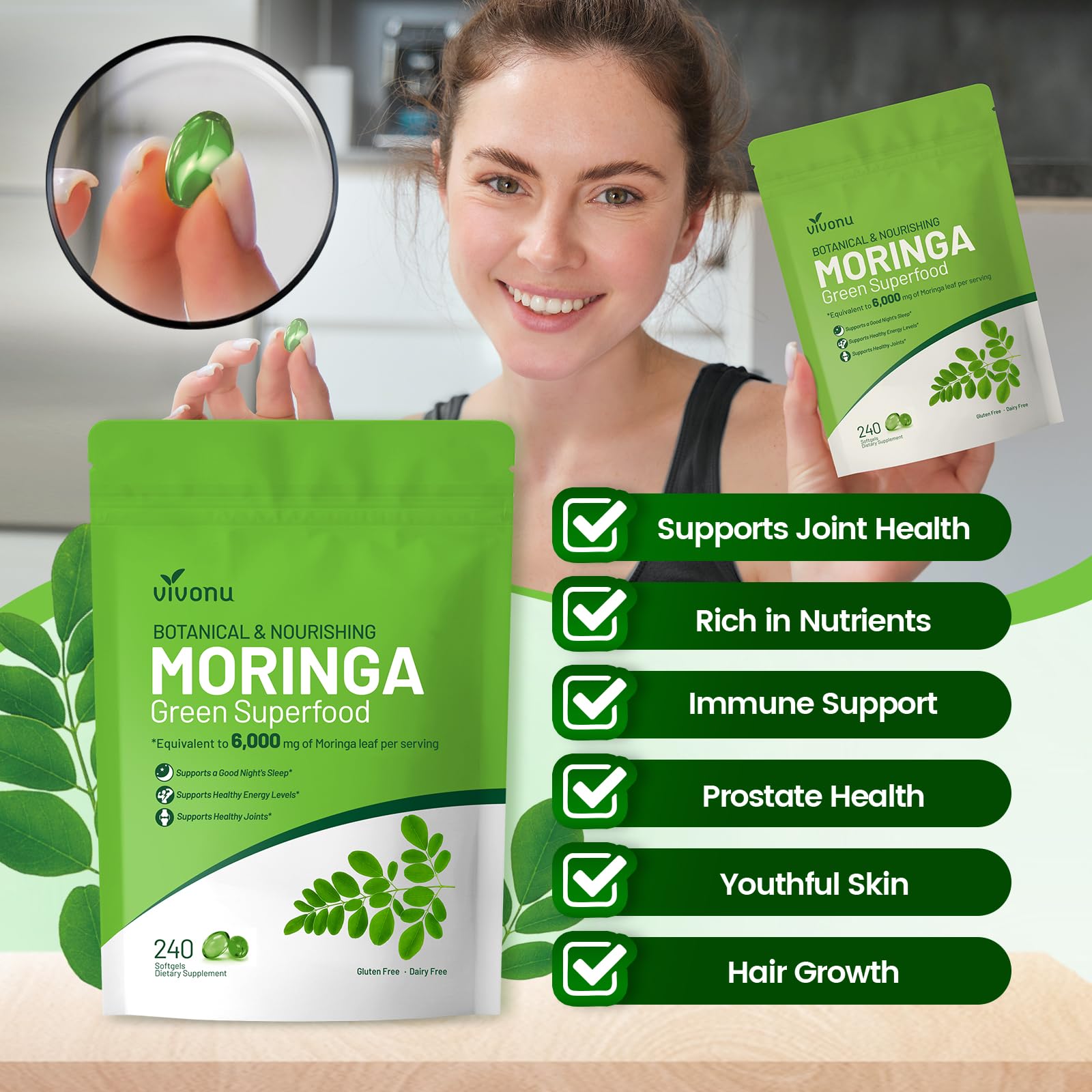 Gélules VivoNu Moringa apportant énergie naturelle et vitalité au quotidien.