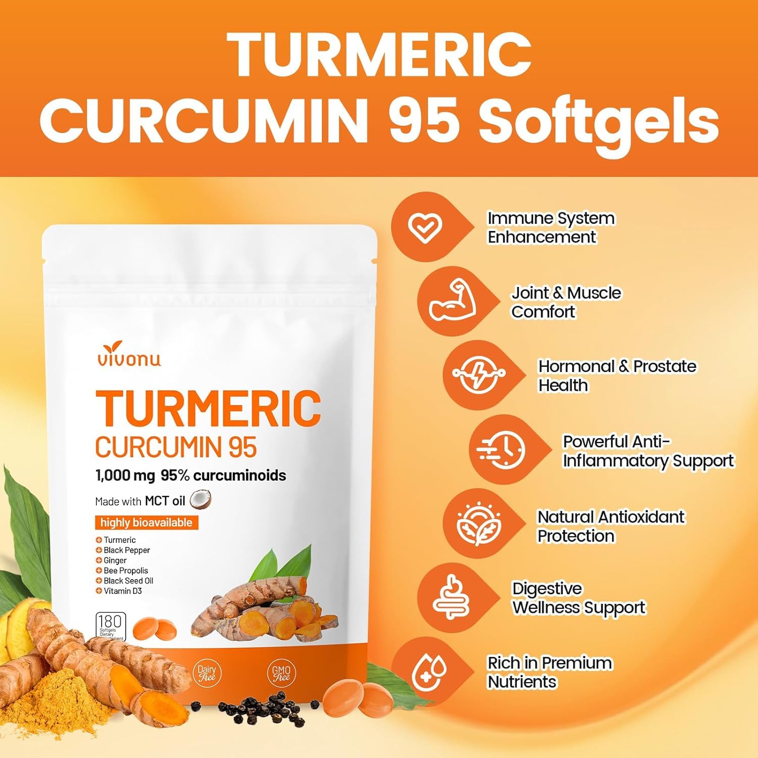 VivoNu Turmeric Softgels: bouteille prête à l'emploi et pratique au quotidien.