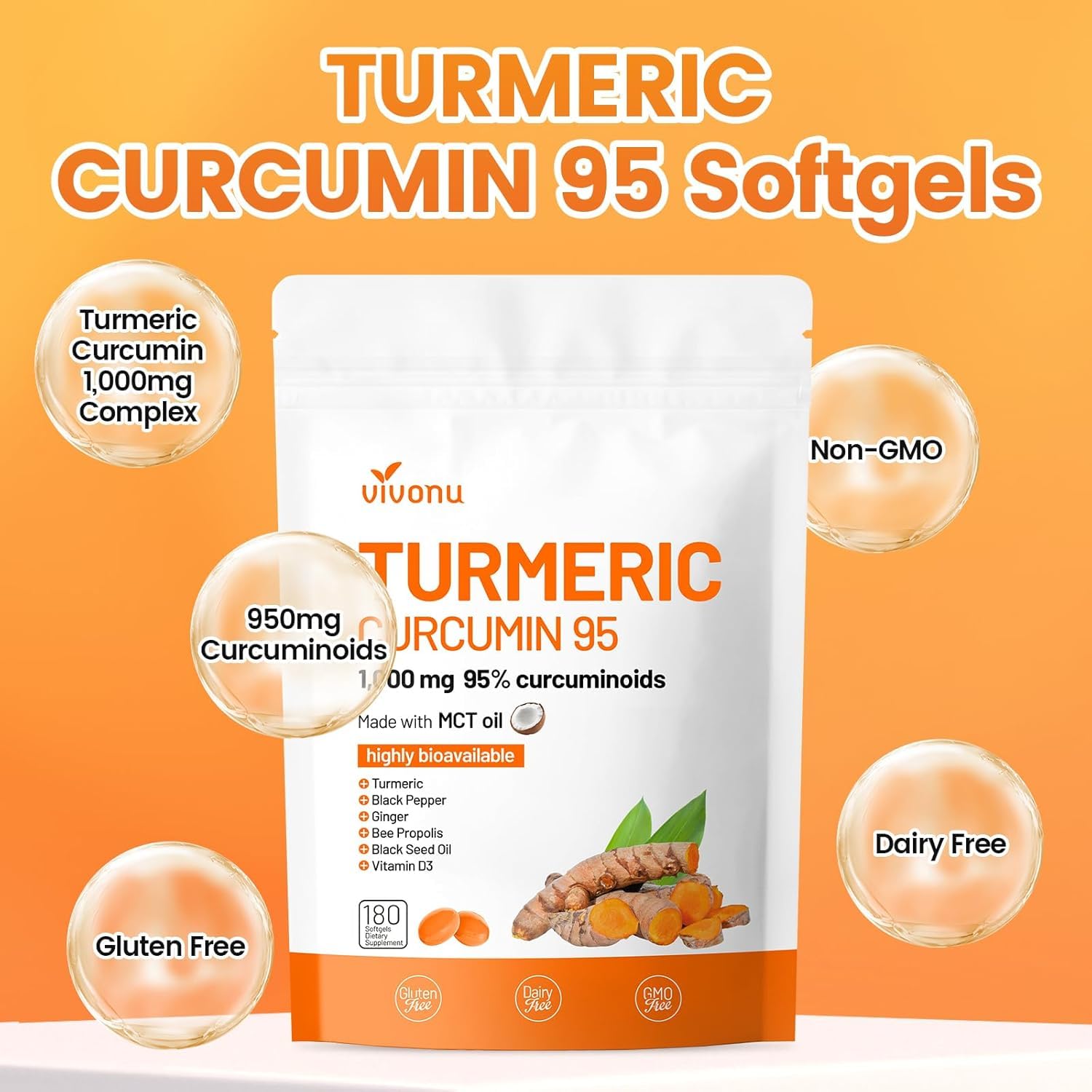 VivoNu Turmeric Softgels: gingembre et propolis pour des ingrédients naturels.
