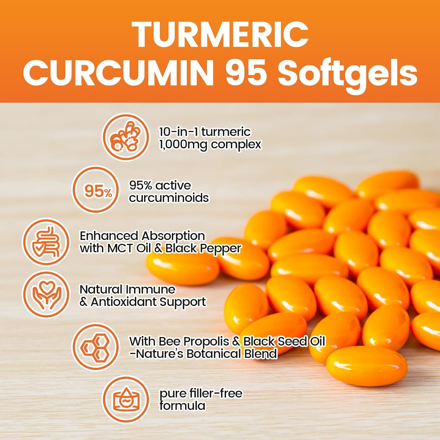 VivoNu Turmeric Softgels: huile MCT favorisant une meilleure biodisponibilité.