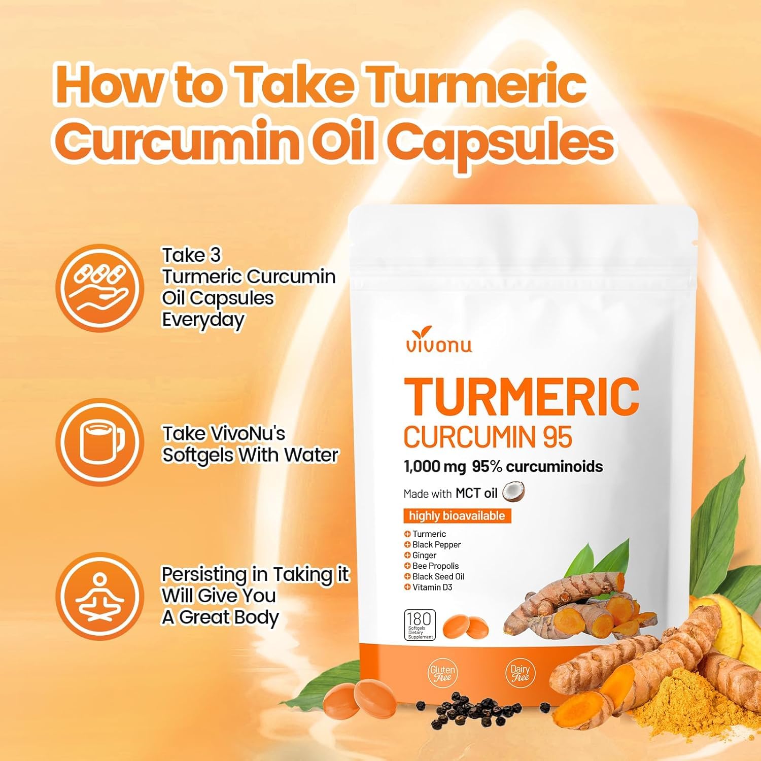 VivoNu Turmeric Softgels: étiquette indiquant 1000 mg et 95% curcuminoïdes.