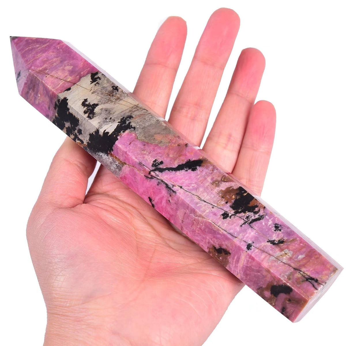 VIZYTOU Rhodonite obélisque-tour en pierre polie pour méditation et équilibre des énergies.