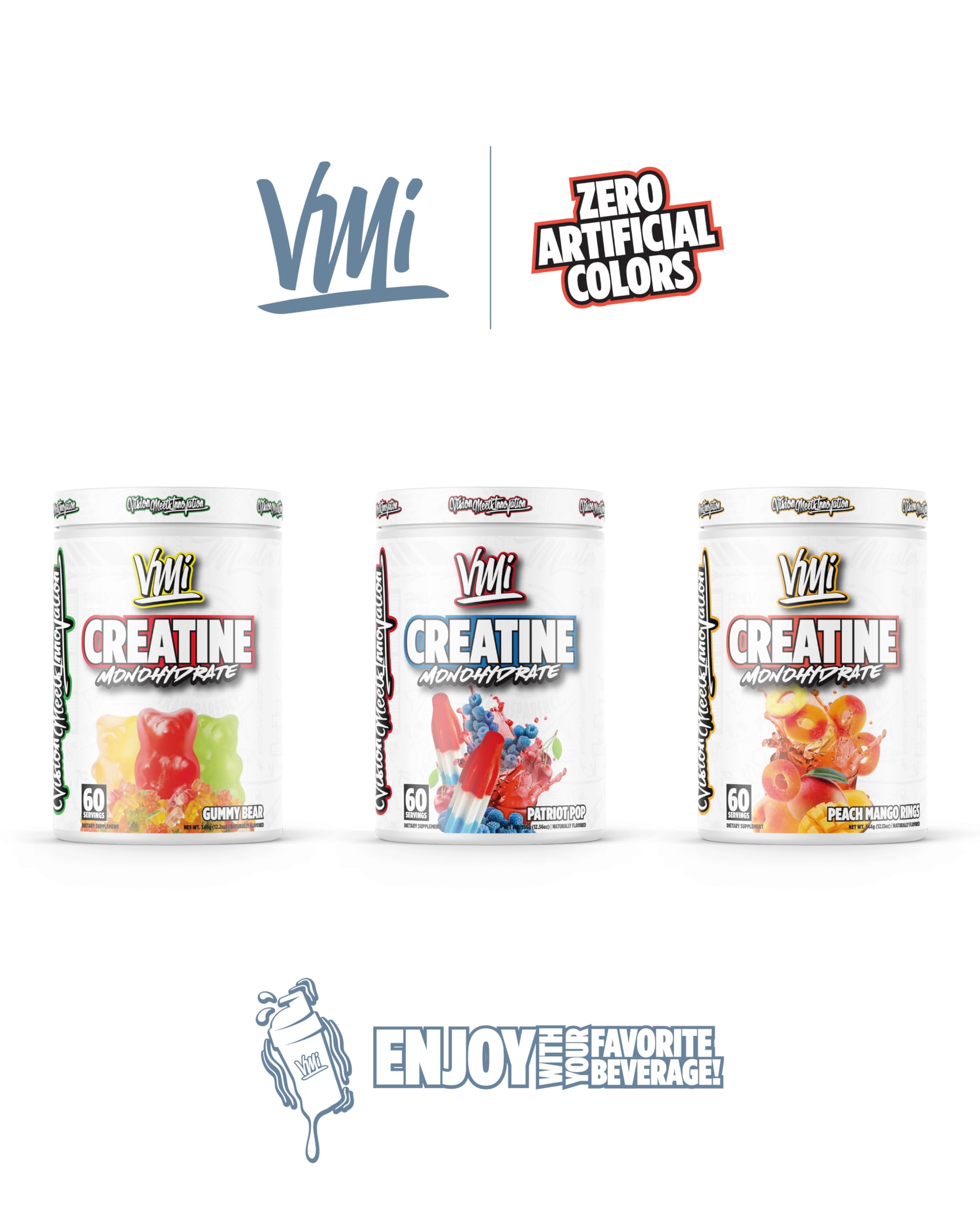 VMI Sports Creatine Monohydrate format-60-portions, indicateur de portion et usage quotidien.